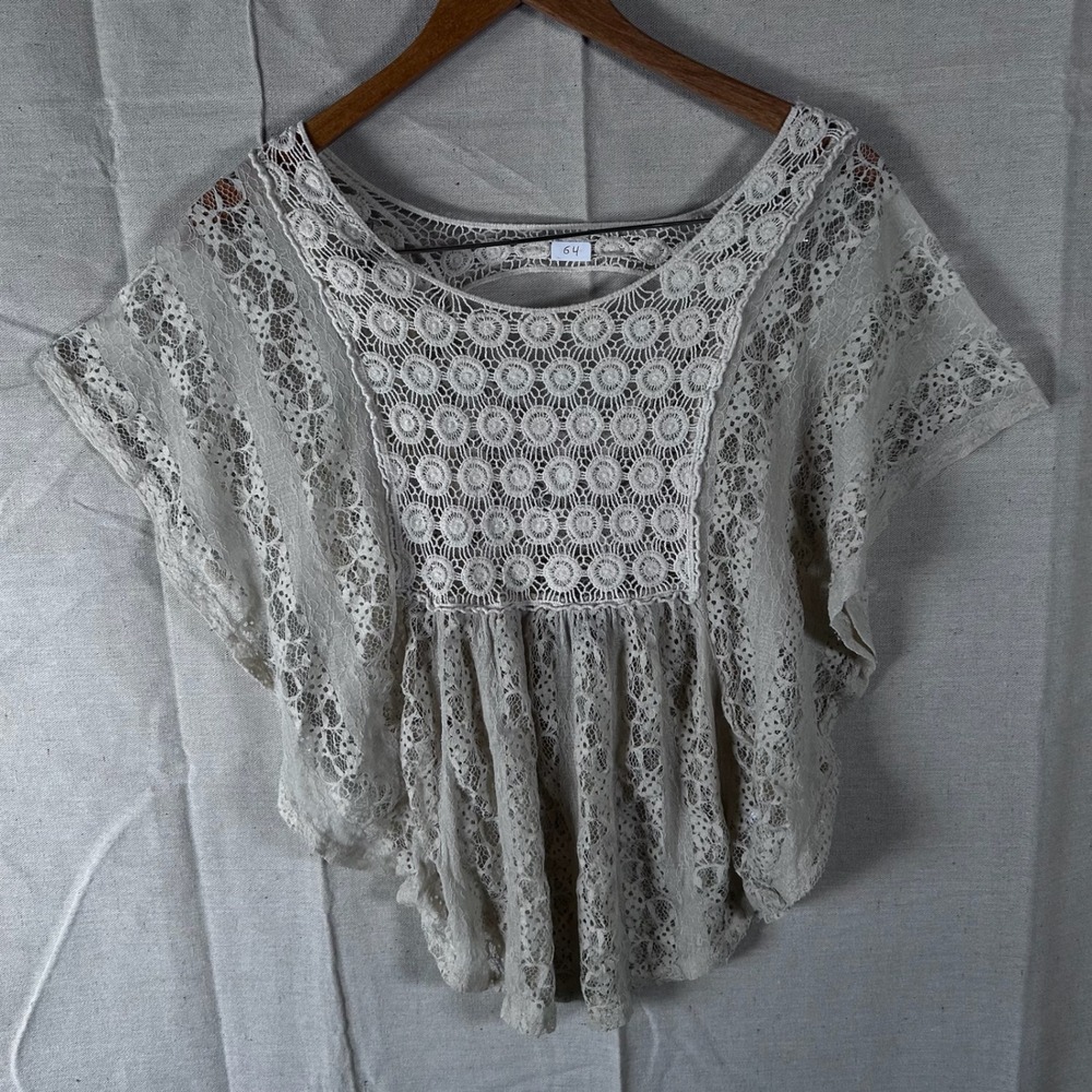 Willi Smith Womens XS Ivory Lace Crochet‎ Boho Poncho Top Short Sleeve Blouse